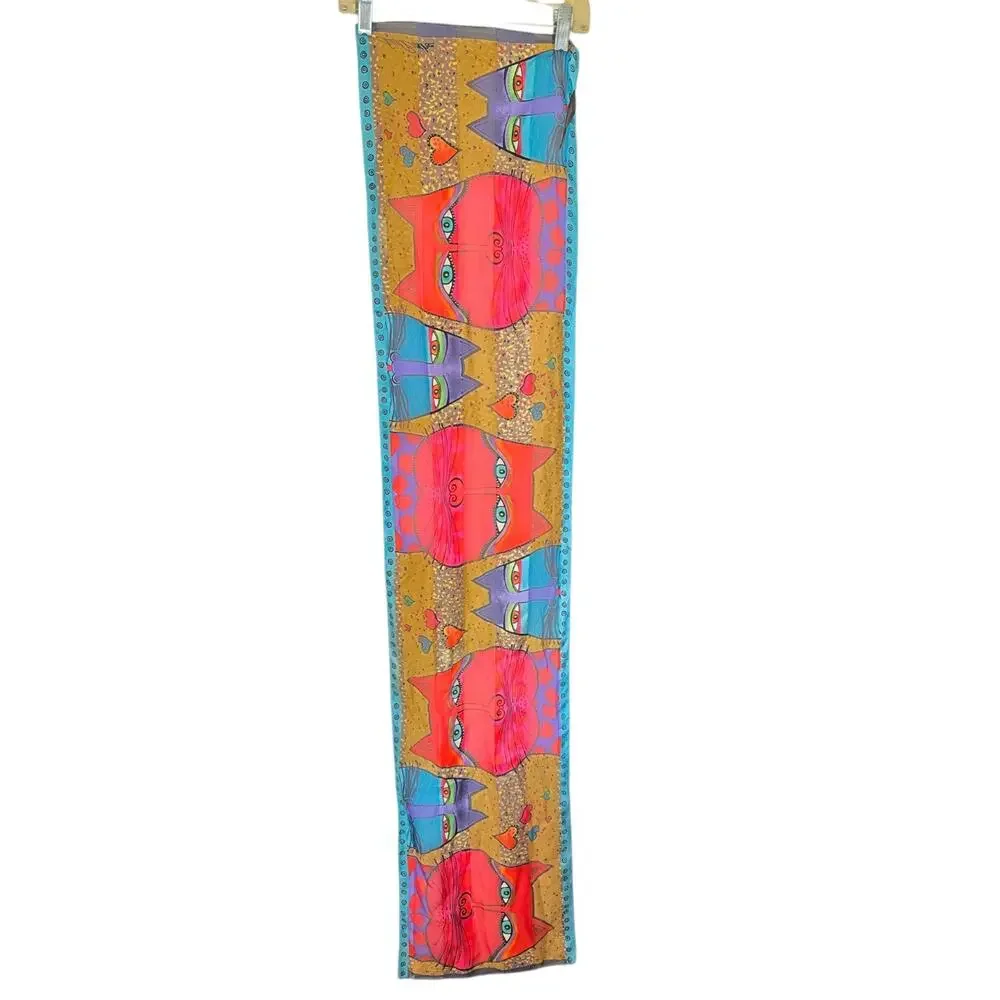 Laurel Burch 100%‎ Silk Cat Scarf Colorful Boho Whimsigoth Wearable Art